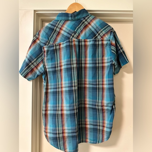 Prana casual button up plaid shirt, vibrant colors, size large - Picture 4 of 5